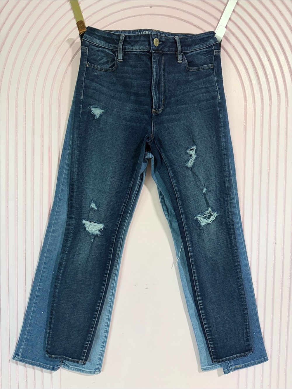 American Eagle Outfitters Distressed Dark Blue Straight Leg Jeans
